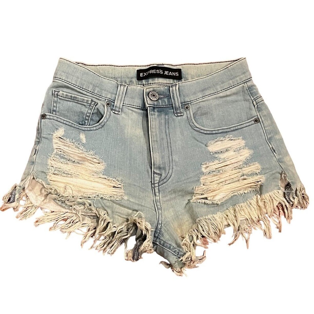 Distressed Frayed Express Womens Short Shorts - Light Denim - Size 2 - Y2k 2000s